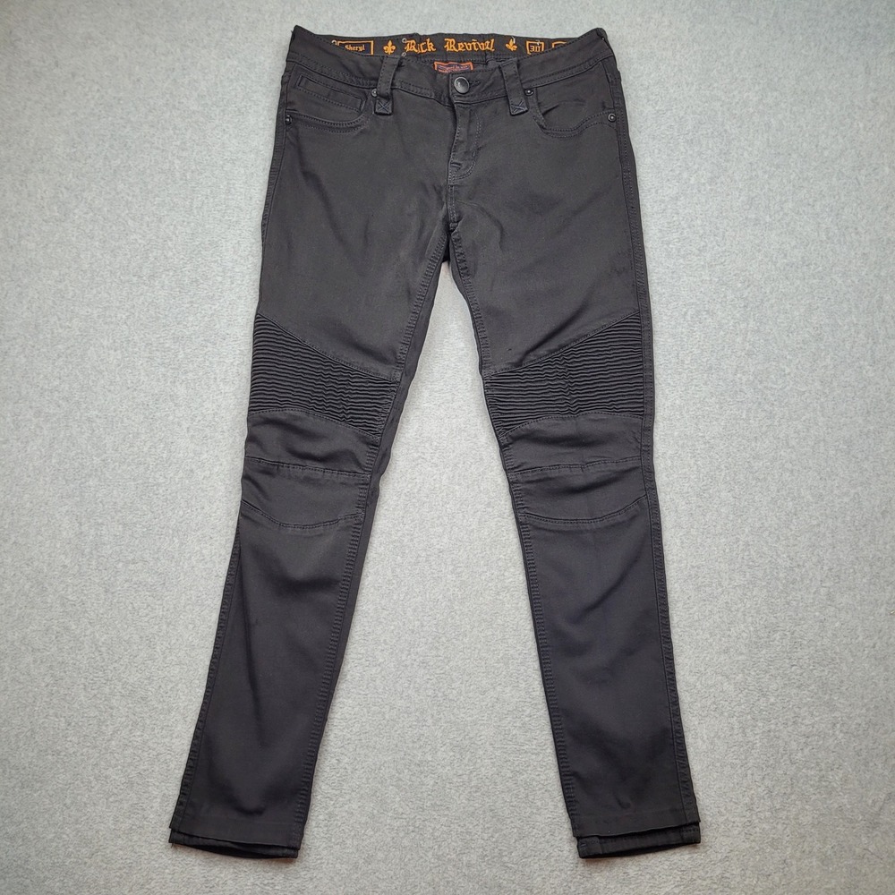 Rock Revival Sheryl Moto Skinny Pants Womens 30 Black Ribbed Knee Zipper Pockets